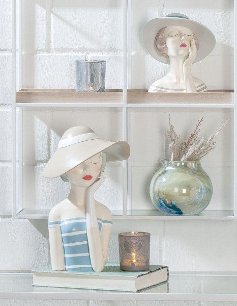 Gilde Figur, Frau, Lady mit cremefarbenem Hut, h 32 cm, hellblau, creme, Ladykopf, Büste