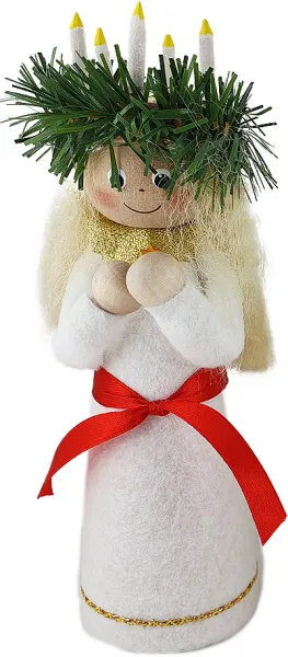 große Lucia mit Kerzenkranz im Haar, h 17 cm. weiße Filzkleidung, blondes Haar, rotes Band