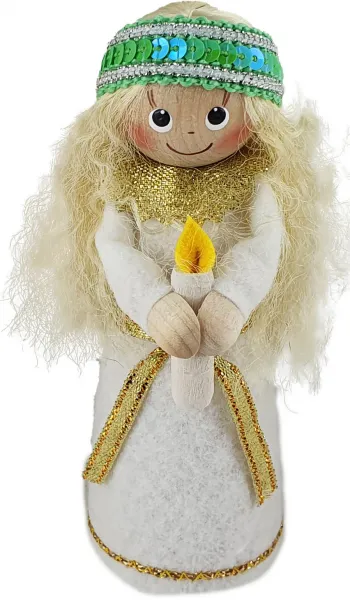 Holzfigur Lucia tärna (mit Kerze), weiße Filzkleidung, grün silbernes Paillettenband, h 12,5 cm