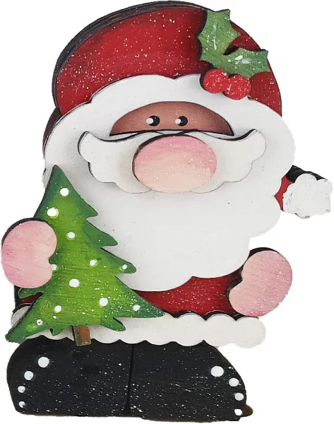 Steckfigur Weihnachtsmann mit verschneiter Tanne, Illexzweig, weiß, rot, schwarz, h 9 cm, für Holzkränze