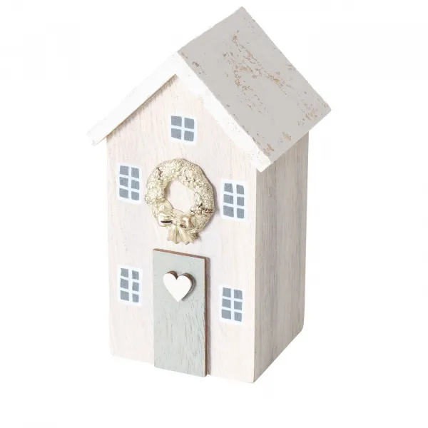 Dekoaufsteller Cotty, kleines Holzhaus weiß/hellgrau mit Türkranz, H 14 cm Dekoaufsteller Cotty, kleines Holzhaus weiß/hellgrau mit Türkranz, H 14 cm