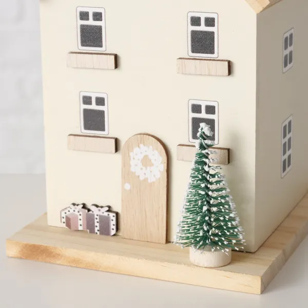 kleine Holzhäuser mit Türkranz und Herz, weiß shabby grau