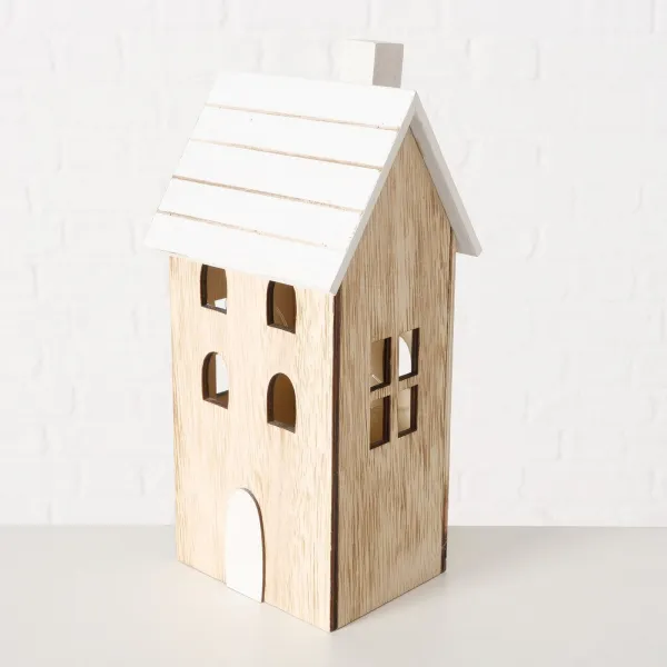 Dekoaufsteller Aldea, Winter Holzhaus mit LED-Beleuchtung, H 25 cm, Haus natur/Dach weiß Streifen
