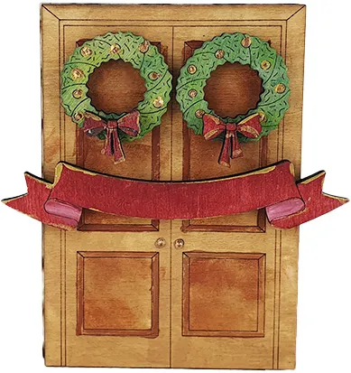 Steckfigur Weihnachtstür mit 2 Türkränzen mit roter Schleife, h 10 cm, für Holzkränze