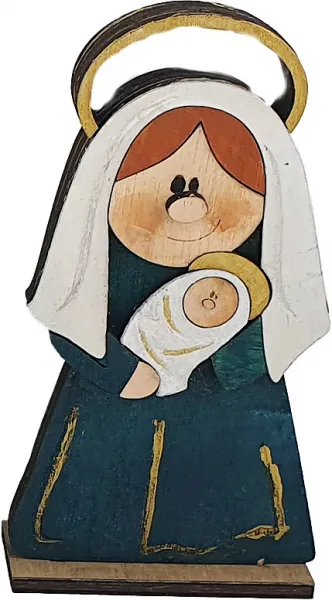 Holz Kranzfigur Maria mit Jesuskind, handbemalt, h 10 cm, dunkeltürkis, gold, weiß