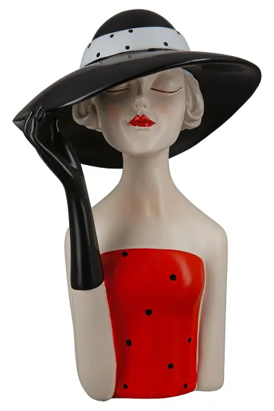 Gilde Figur, Frau, Lady mit schwarzem Hut, rotes Kleid, gepunktet, h 29,5 cm, schwarz, rot, Ladykopf, Büste