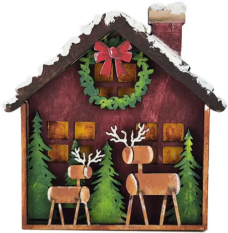 Holz Winter Haus mit Tannen, Tannenkranz, Rentiere, Schnee, Steckfigur Sebastian Holzkränze, handbemalt h 10 cm