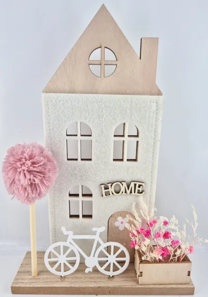 Gilde Standrelief Haus Volante, Holz, Filz, Metall-Fahrrad, Bommel-Baum, Blumenkübel, natur, weiß