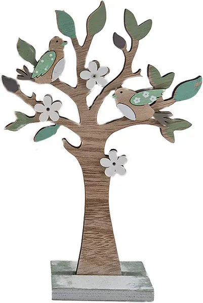 Gilde Standrelief, Holz Baum mit Vögeln, Blüten, naturfarben, grün, weiß, h 20,3 cm