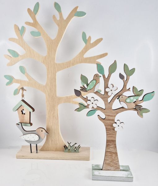 Gilde Standrelief Holz Bäume, naturfarben, grün, weiß, Vogelhaus, Vogel