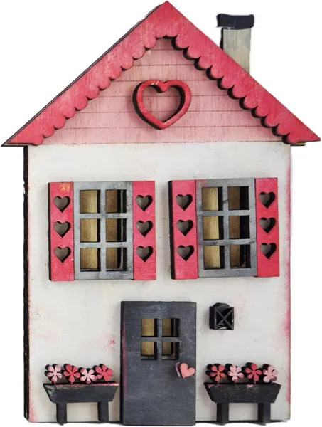 Holz Valentins Haus mit Herzfensterläden, Steckfigur Sebastian Holzkränze, handbemalt, h 11 cm