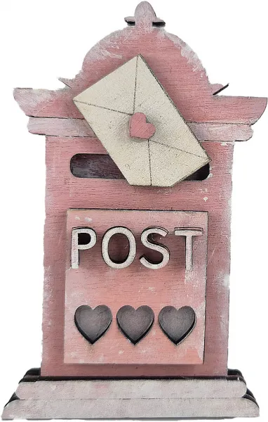 Holz Valentins Briefkasten mit Liebesbrief, rosa, weiß, Steckfigur Sebastian Holzkränze, handbemalt, h 9 cm