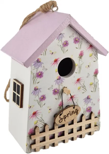 Kleines Vogelhaus Frühling mit Blumen, Frühlingsdeko, weiß, flieder, Holz, h 11 cm Kleines Vogelhaus Frühling mit Blumen, Frühlingsdeko, weiß, flieder, Holz, h 11 cm