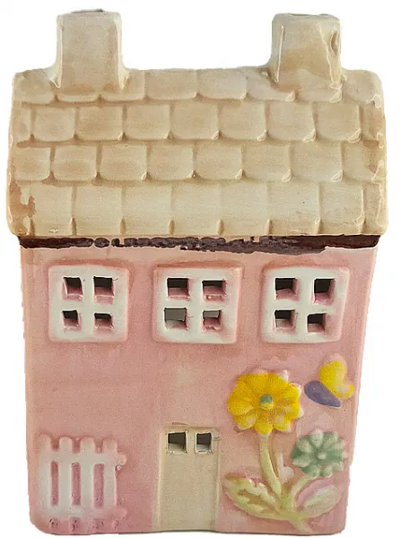 Keramikhaus Windlicht rosé Frühling mit Schmetterling, Blume, Zaun