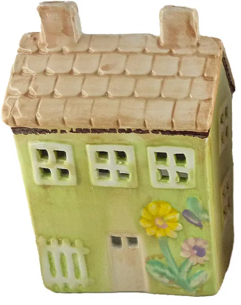 Keramikhaus Windlicht hellgrün Frühling mit Schmetterling, Blume, Zaun