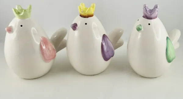 Keramik Vögel stehend lila, gelb, grün, weiß