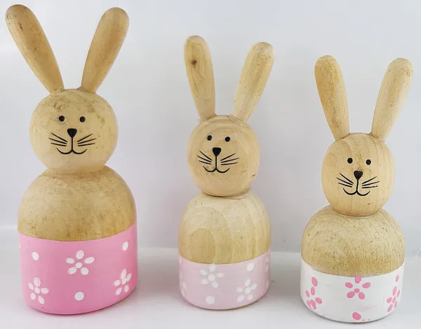 Holz Osterhasen Set, 3-teilig, Kleidung mit Tupfen, natur, weiß, rosa, dunkelrosa