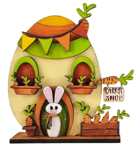 Steckfigur Ostereierhaus mit Hase, Wimpelkette, Karotten, Schild, handbemalt, h 10 cm, gelb orange hellgrün Steckfigur Ostereierhaus mit Hase, Wimpelkette, Karotten, Schild, handbemalt, h 10 cm, gelb orange hellgrün