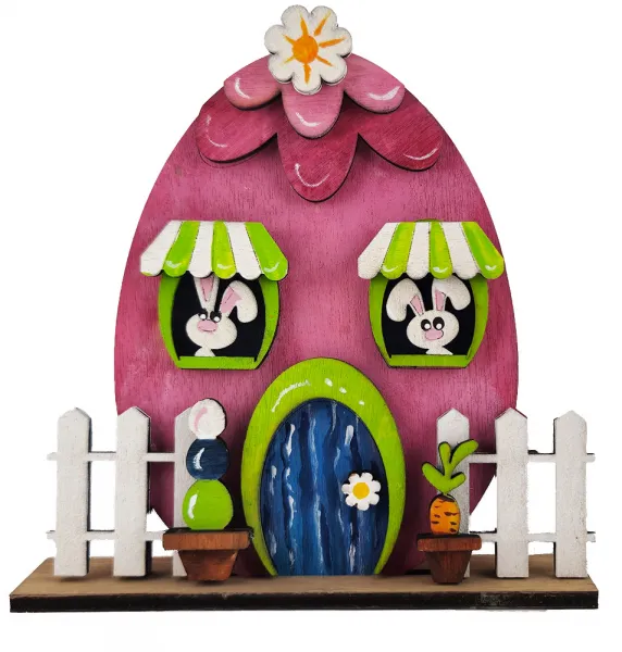Steckfigur für Sebastian Holzkranz, Eierhaus mit lustigem Osterhasen, Blüte, Zäunen, Markisen an Fenstern