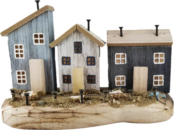 Maritime Häuserreihe mit 3 Holzhäuschen, 25,5x10,5xH16cm, blau-weiß-natur Maritime Häuserreihe mit 3 Holzhäuschen, 25,5x10,5xH16cm, blau-weiß-natur
