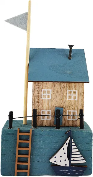Maritimes Haus mit Fahne, Segelboot und Leiter, 10x4xH21cm, blau-weiß-natur Maritimes Haus mit Fahne, Segelboot und Leiter, 10x4xH21cm, blau-weiß-natur