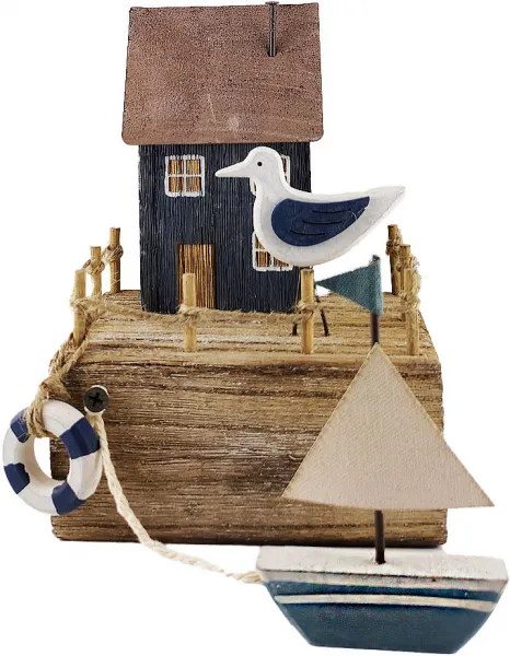 Haus am Steg mit Möwe, blau/weißen Rettungsring und Segelboot, blau weiß, 13x11,5xH17cm Haus am Steg mit Möwe, blau/weißen Rettungsring und Segelboot, blau weiß, 13x11,5xH17cm