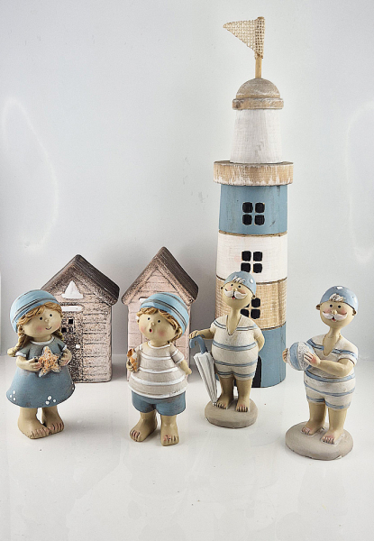 Holz Leuchtturm hellblau groß mit maritimen Figuren