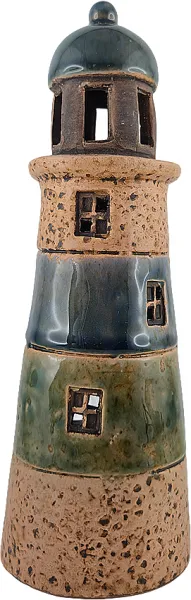 Windlicht Leuchturm blau/beige gestreift, Steingut, H 22 cm