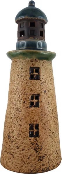 Windlicht Leuchturm blau/beige, Steingut, H 22 cm