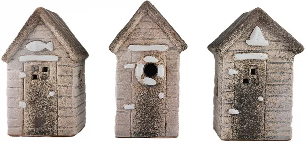 Keramik Badehaus beige braun, H 10,5 - 11 cm, 3 Modelle mit Fisch, Segelboot oder Rettungsring Keramik Badehaus beige braun, H 10,5 - 11 cm, 3 Modelle mit Fisch, Segelboot oder Rettungsring