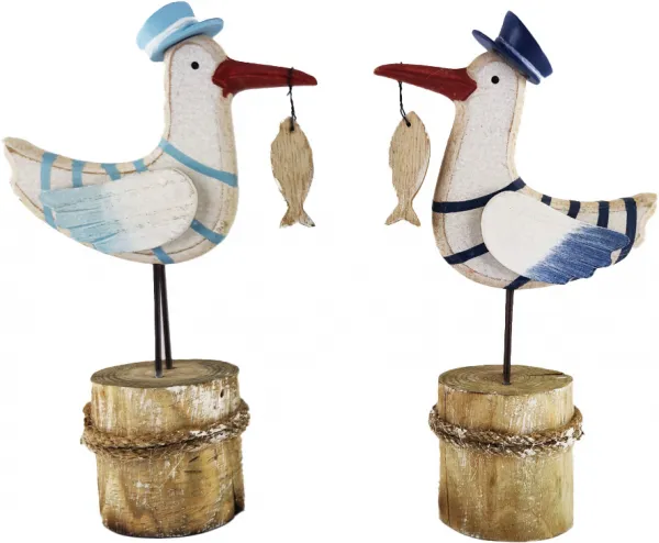1 Holz Vogel Matrose auf Poller mit Fisch, h 20 cm, 2 Farbvarianten hellblau/blau weiß 1 Holz Vogel Matrose auf Poller mit Fisch, h 20 cm, 2 Farbvarianten hellblau/blau weiß