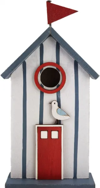 Holz Strandhaus mit Flagge, Rettungsring, Möwe, hellblau weiß