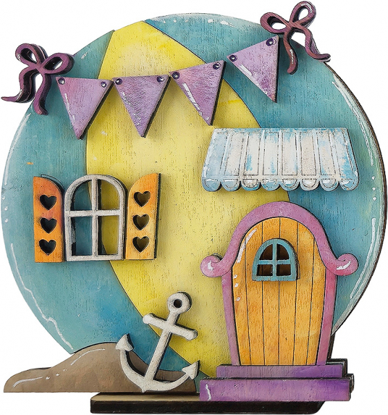Holz Steckfigur Wasserball Haus, Strandhaus, Anker, Wimpelkette, Sommer Deko, hellblau gelb, h 10 cm Holz Steckfigur Wasserball Haus, Strandhaus, Anker, Wimpelkette, Sommer Deko, hellblau gelb, h 10 cm