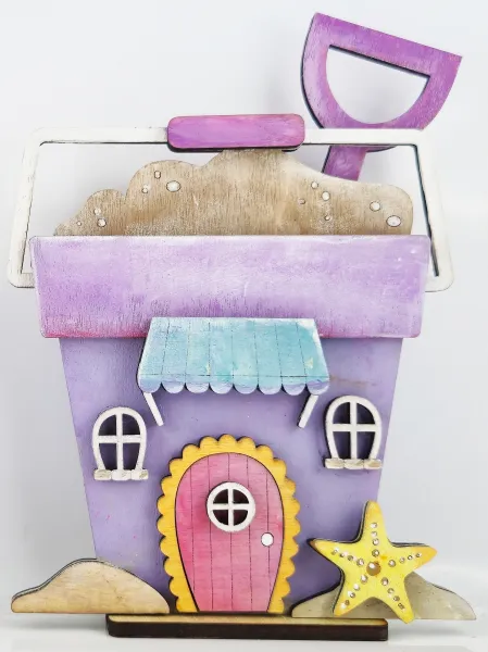 Holz Steckfigur Sandeimerhaus Haus, Strandhaus, Schaufel Seestern, Sonnendach, Sommer Deko, lila, h 12 cm