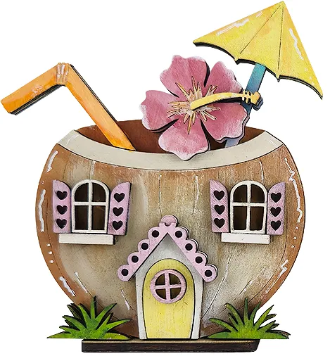 Holz Steckfigur Kokosnuss Haus, Strandhaus, Trinkhalm, Schirmchen, Sommer Deko, braun, gelb h 10 cm Holz Steckfigur Kokosnuss Haus, Strandhaus, Trinkhalm, Schirmchen, Sommer Deko, braun, gelb h 10 cm