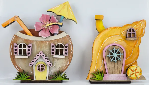 Holz Steckfigur Kokosnuss Haus, Strandhaus, Trinkhalm, Schirmchen, Sommer Deko, braun, gelb h 10 cm