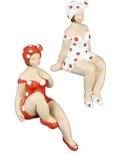 Gilde Kantensitzerfigur, Badenixe Becky, gepunktet, rot, weiß, 2 Figuren, Kunstharz, H. 8 cm, Schwimmerin, Badende Gilde Kantensitzerfigur, Badenixe Becky, gepunktet, rot, weiß, 2 Figuren, Kunstharz, H. 8 cm, Schwimmerin, Badende