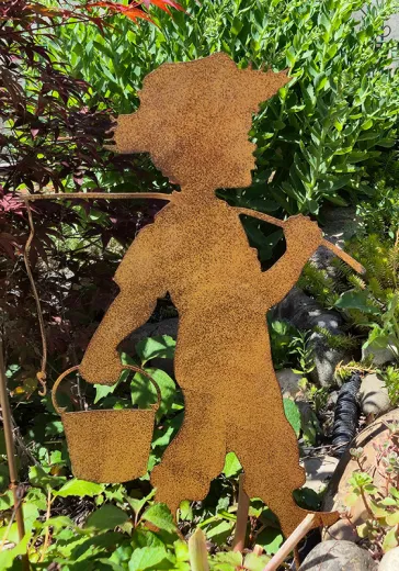 Roststecker Eisen Kind mit Angel und Eimer, H 50 cm, Gartendekoration, Gartendeko Teich