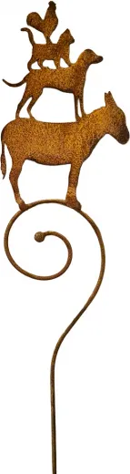 Großer Roststecker Stadtmusikanten auf Stab, H 118 cm, Pyramide Hund, Esel, Katze, Hahn, Garten Deko