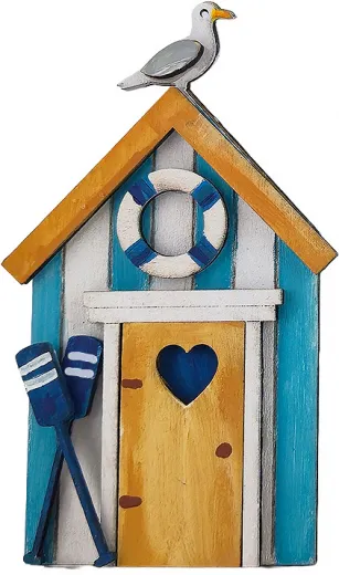 Holz Standhaus mit Möwe, Ruder, Rettungsring, türkisblau, weiß, 9,5 cm, Steckfigur für Sebastian Holzkränze