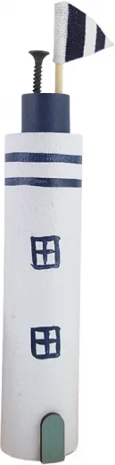 Kranzstecker Holz Leuchtturm weiß dunkelbalu mit schwarzer Schraube und blau/weißer Fahne, H 17 cm