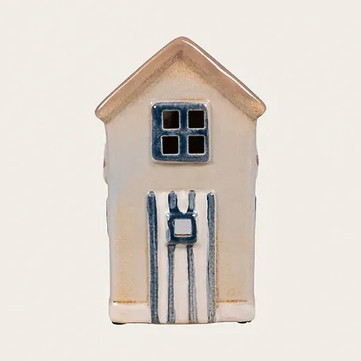 Det Gamle Apotek kleines Keramik Strandhaus für Teelichter, grau, blau, Bootshaus, Bootshaus, Badehaus, H 14cm