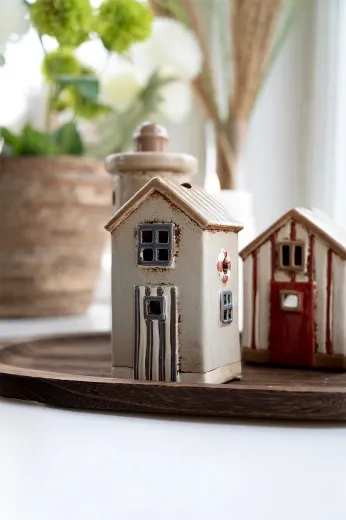 Det Gamle Apotek kleine Keramik Strandhäuser für Teelichter, grau, blau oder rot, Bootshaus