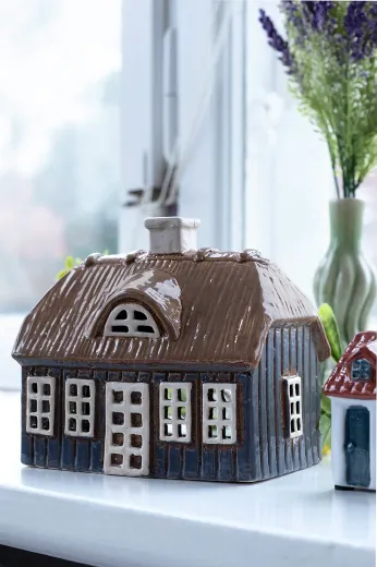 Det Gamle Apotek dänisches Keramik Haus mit Reetdach für Teelichter, dunkelblau