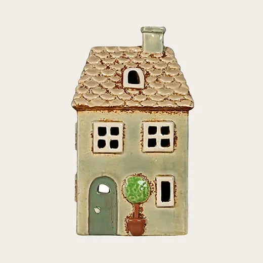 Det Gamle Apotek kleines Keramik Haus blaugrün mit Baum für Teelicht, H 13,5cm