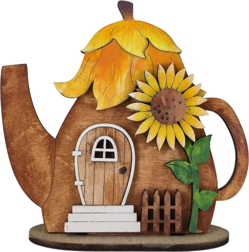 Kranzfigur Herbst Sonnenblumenhaus Teekanne Zaun braun gelb, h 10 cm Herbst Deko