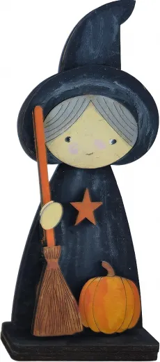 Halloween Hexe mit Besen Kürbis Stern Steckfigur Sebastian Holzkranz h 12 cm schwarz orange