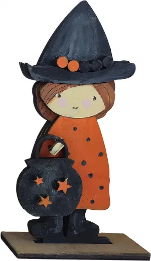 Halloween Hexenmädchen mit Hexenkessel Steckfigur Sebastian Holzkranz h 9 cm schwarz orange