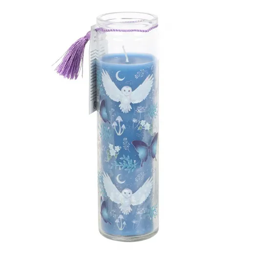 Glas Kerze Nacht Eule Lavendel blau mystische Glaskerze Halloween Kerze H 21 cm