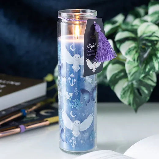 Glas Kerze Nachteule Lavendel blau mystische Glaskerze Halloween Kerze H 21 cm